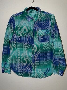Chico's Teal and Navy Geometric Print Button-Down Shirt